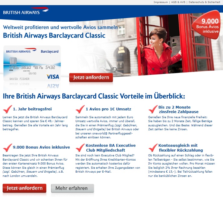 British Airways VISA-Karte Classic - 9.000 Bonus Avios geschenkt