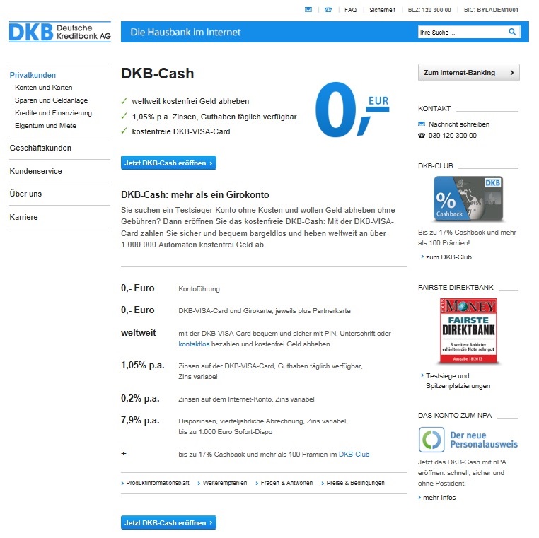 Kostenloses Girokonto und gratis VISA-Karte von DKB