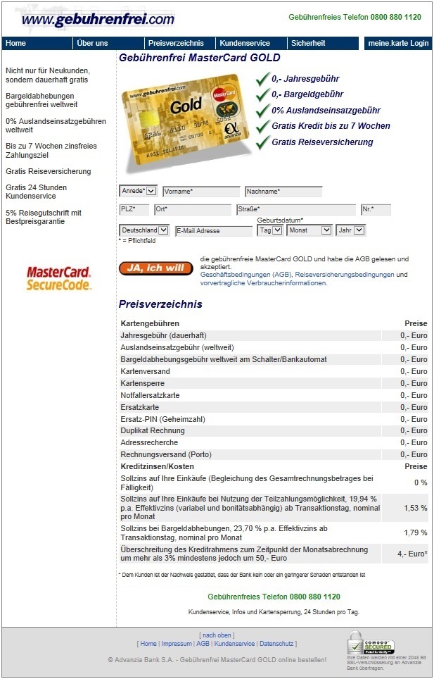 Gebührenfreie MasterCard GOLD von Gebuhrenfrei.com