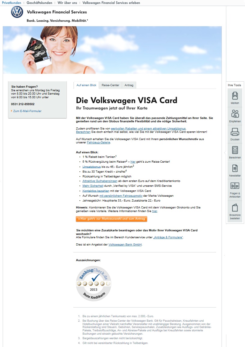 VISA Card mit Rückvergütung und Umsatzbonus der Volkswagen Bank