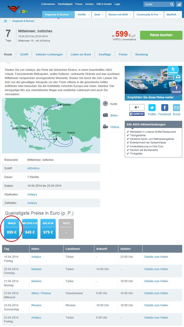 7 Tage AIDA östliches Mittelmeer Osterreise inkl. Vollpension ab 599 € p.P.