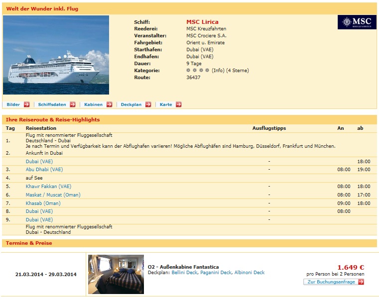 9 Tage Kreuzfahrt mit 4* MSC Lirica in Aussenkabine durch Orient und Emirate inkl. Flug und Vollpension für 1.649 € p.P.
